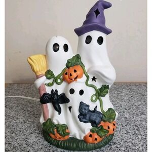 VTG Ceramic 10.5" Triple Ghost‎ Light-up Halloween Decor.  GUC. Intl Bazaar